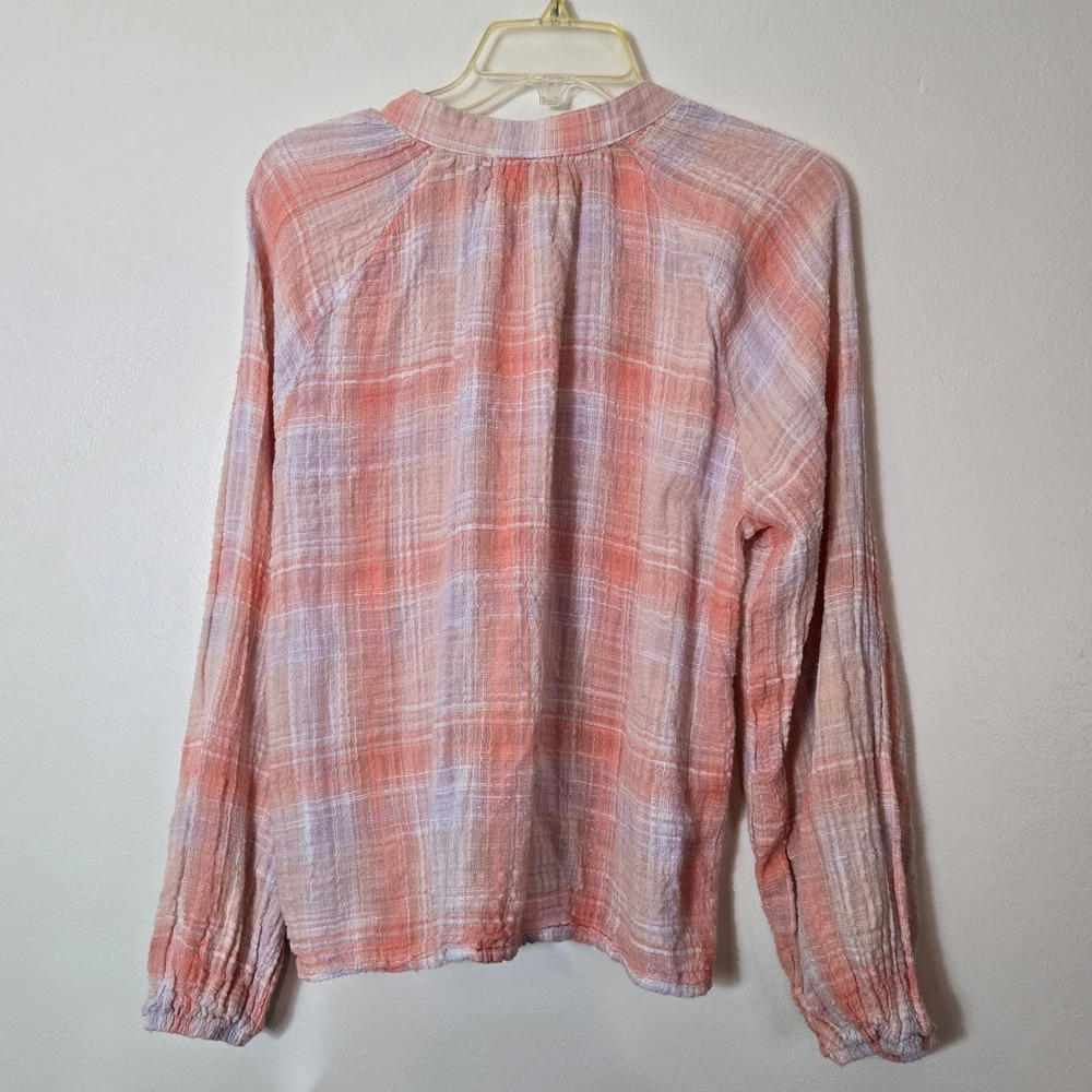 Bella Dahl Womens Plaid Button Front Blouse Peach Lavender Cotton Rayon Large - Picture 2 of 5